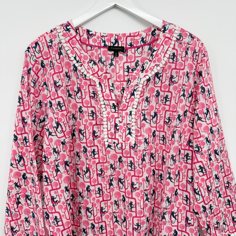 Talbots Top Shirt Blouse Size XL Monkeys 3/4 Sleeve Cotton Popover Resort New - Picture 3 of 13